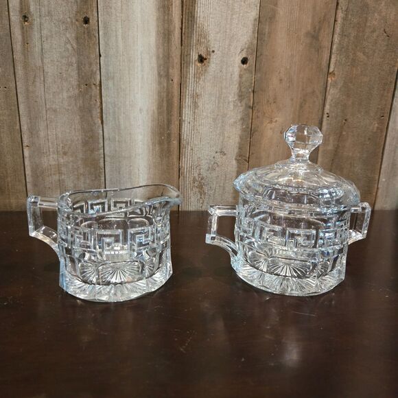 Heisey Greek Key Sugar Bowl with lid & Creamer Clear Glass Art Deco Holidays EUC - Picture 1 of 7